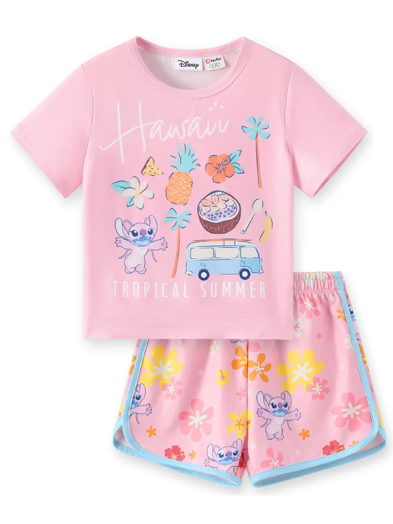 Disney Stitch Girls Graphic Tee and Dolphin Shorts 2-Piece Angel Pink School Casual Beach Outfit ... | Walmart (US)