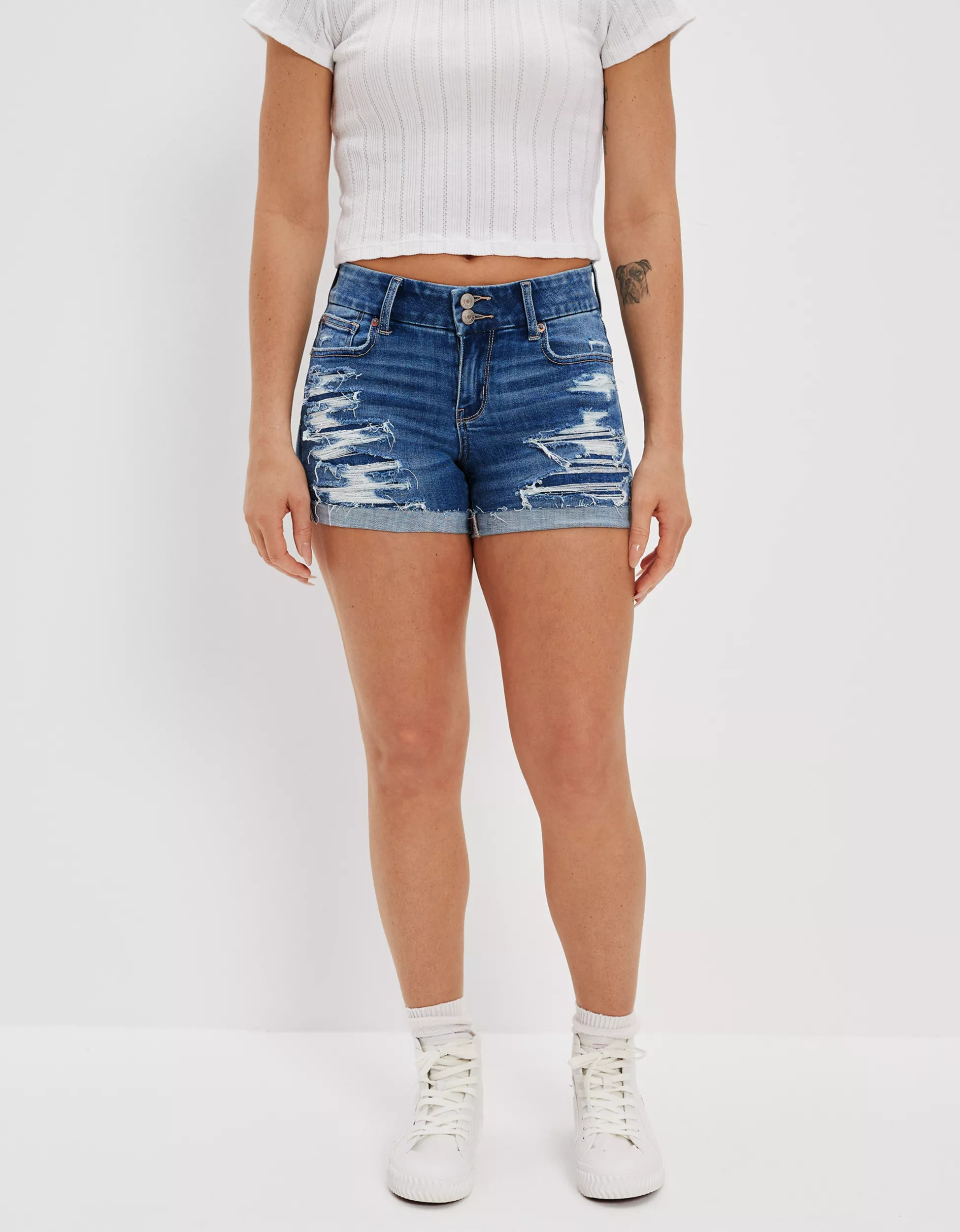AE Ne(x)t Level Curvy Denim Midi Short | American Eagle Outfitters (US & CA)