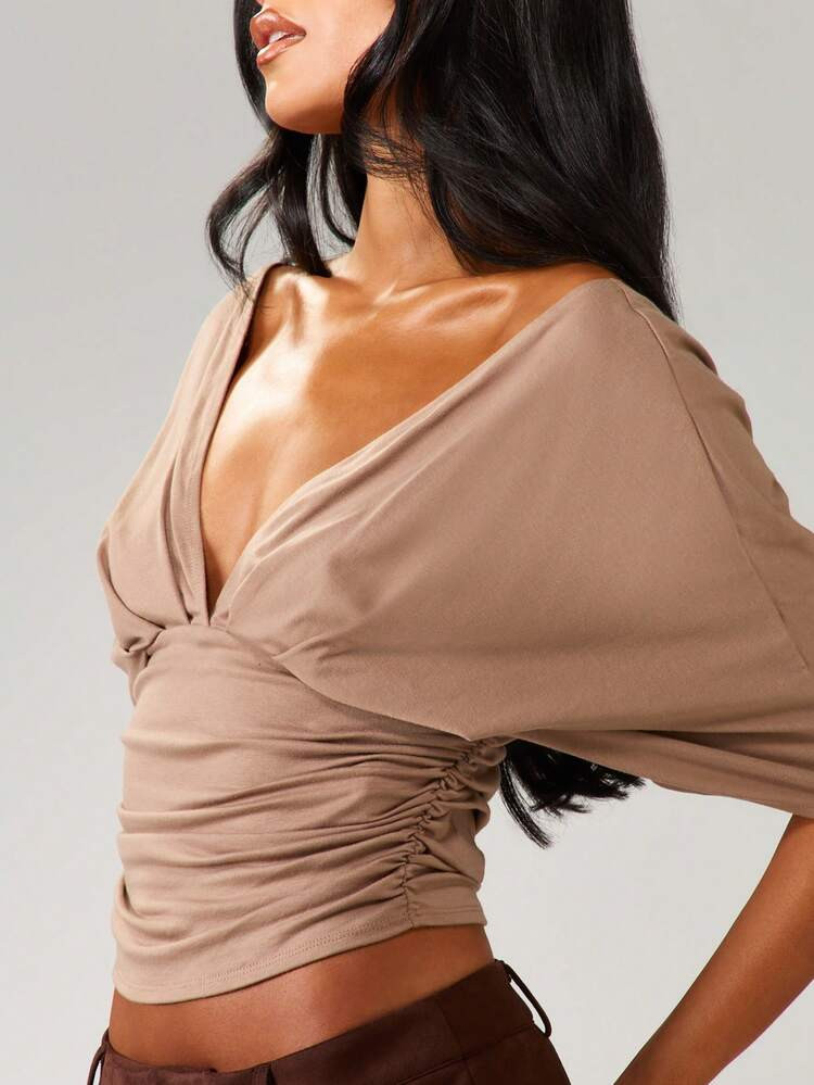 MISSGUIDED Twisted Front Ruched Crop Top Elegant Evening Formal Party Club Ballet Dance Wrap Style Crop Blouse | SHEIN