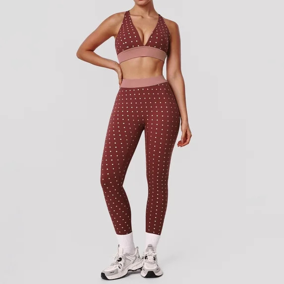 PISONIC Polka Dot Print Workout Sets for Women 2 Piece V Neck Cross Back Sports Bra Matching High... | Walmart (US)