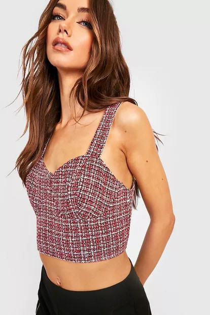 Boucle Check Strappy Corset Top | Boohoo.com (US & CA)
