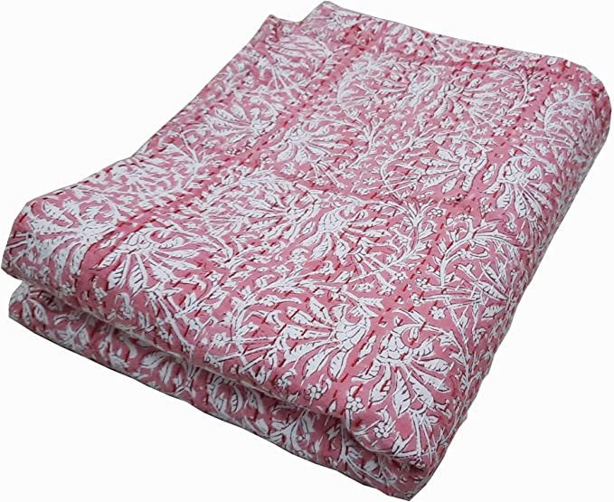 thehandicraftworld Quilt Floral Piece Reversible, King, Pink Floral Kantha Quilt Hand Block Print... | Amazon (US)