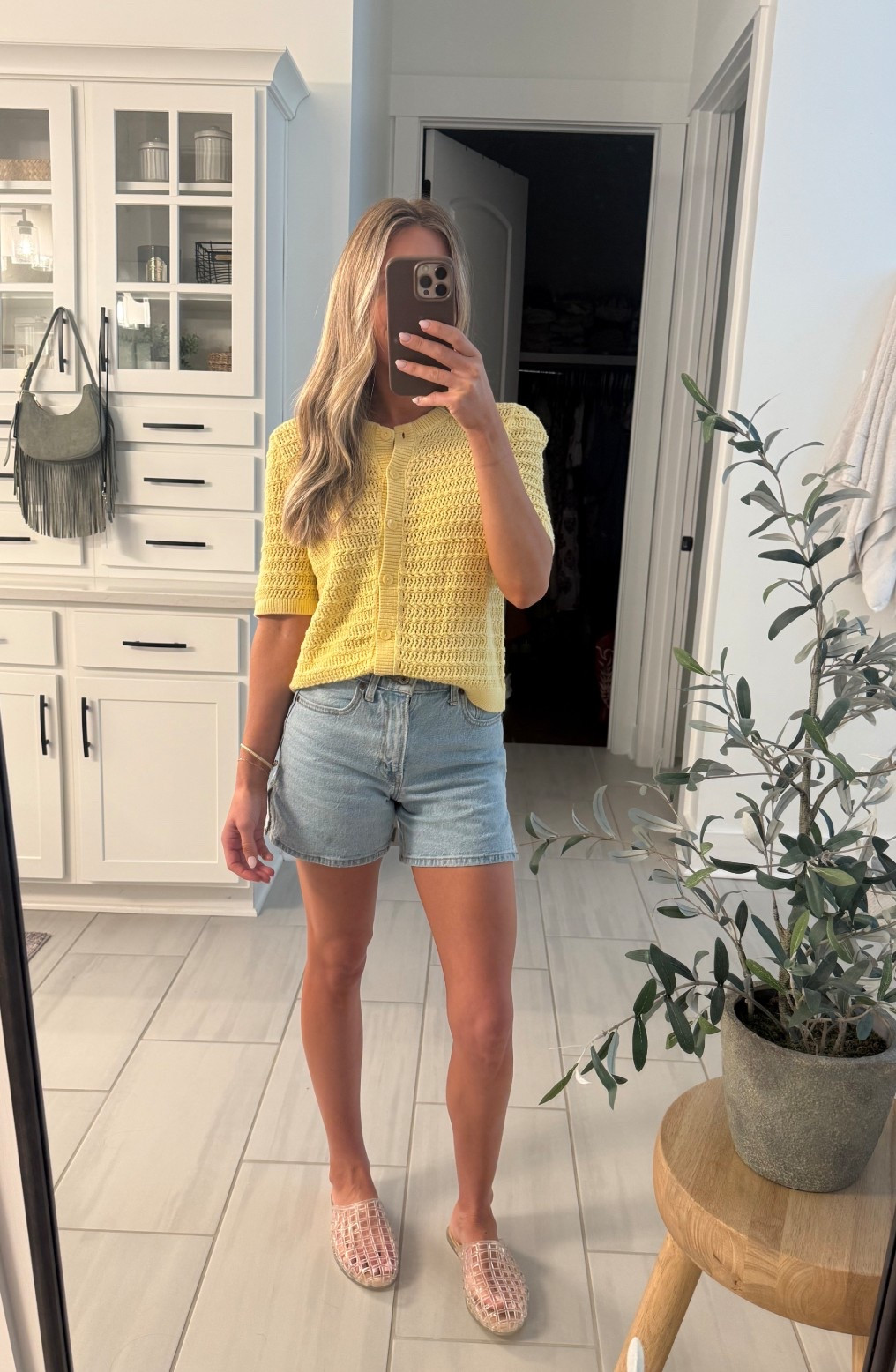 Abercrombie textural short-sleeve cardigan- wearing M could have done S. My favorite shorts- High rise Dad short, fit TTS, jellies from Target

#LTKootd #LTKmomlife