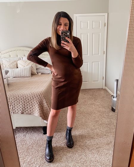 Bump friendly sweater dress from old navy. Chelsea boots are Caslon lug sole from Nordstrom. All items true to size, wearing small in dress. 

#LTKstyletip #LTKunder50 #LTKbump