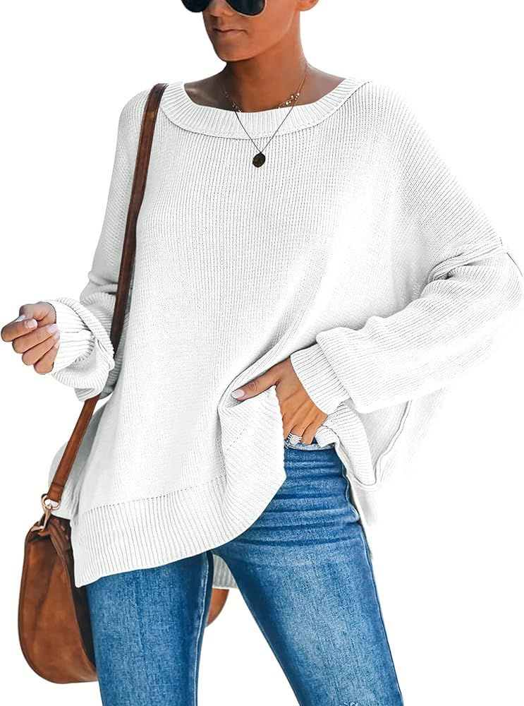 Kevavo Women's Boat Neck Batwing Long Sleeve Oversized Side Slit Ribbed Pullover Sweater Tops | Amazon (US)