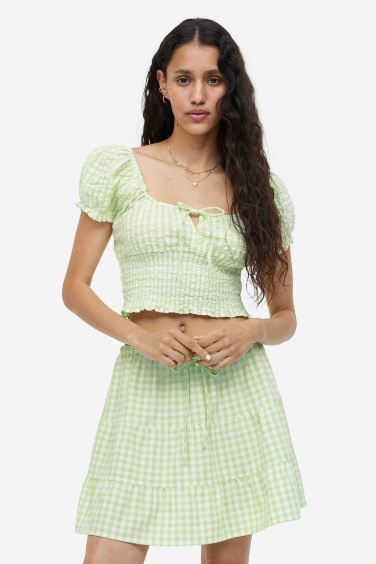 Puff-sleeved Smocked Blouse - Light green/checked - Ladies | H&M US | H&M (US + CA)