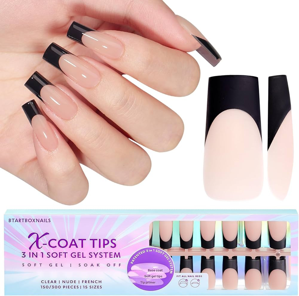 Long Stick on Nails Square, BTArtboxnails 300PCS 3 in 1 X-Coat Tips French Press on Nails, Bla... | Amazon (CA)