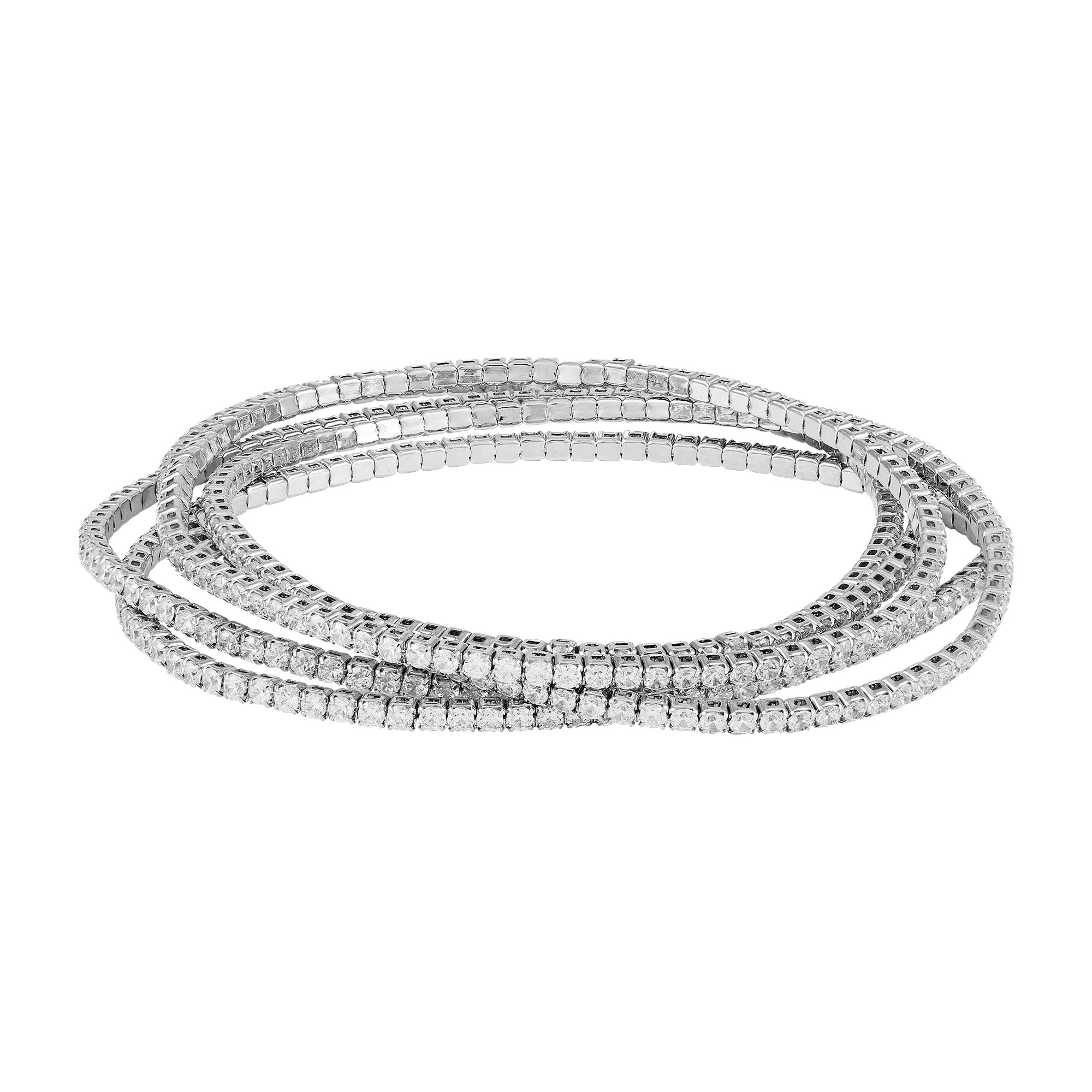 Women's Fine Silver Plate Cubic Zirconia 7" Stretch Metal Bracelet Set. 4pc Set by Believe in Bri... | Walmart (US)