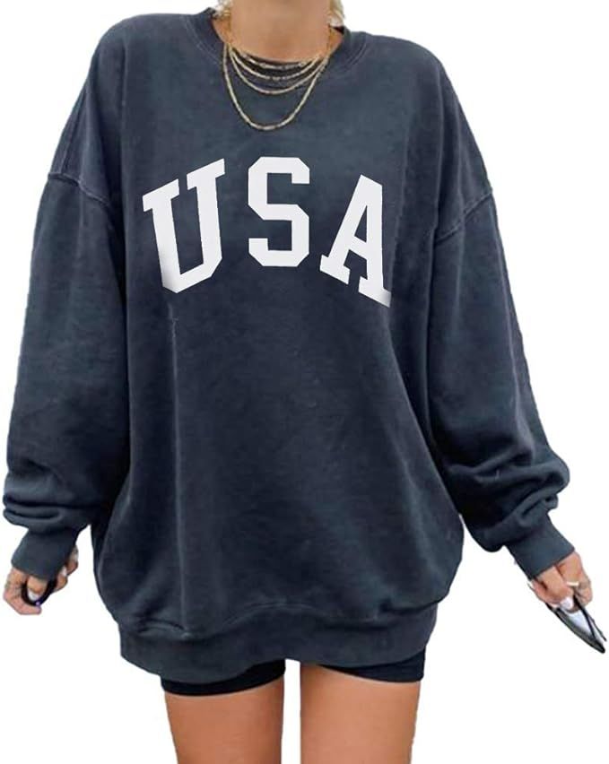 Womens Funny Letter Print Batwing Long Sleeve Oversized Crewneck Sweatshirt Pullover Top | Amazon (US)