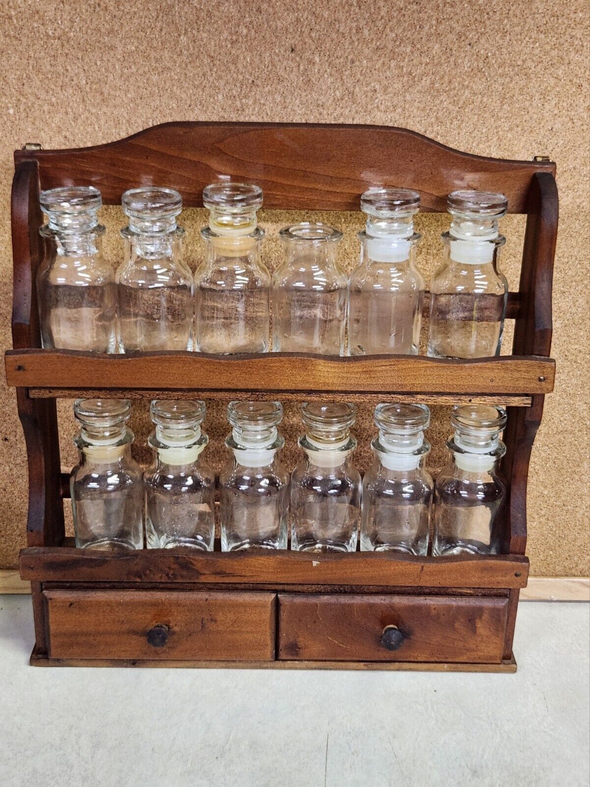 Vintage Wood Spice Rack Shelf w/ 2 Drawers + 12 Glass Bottles Wall Hanging   | eBay | eBay US