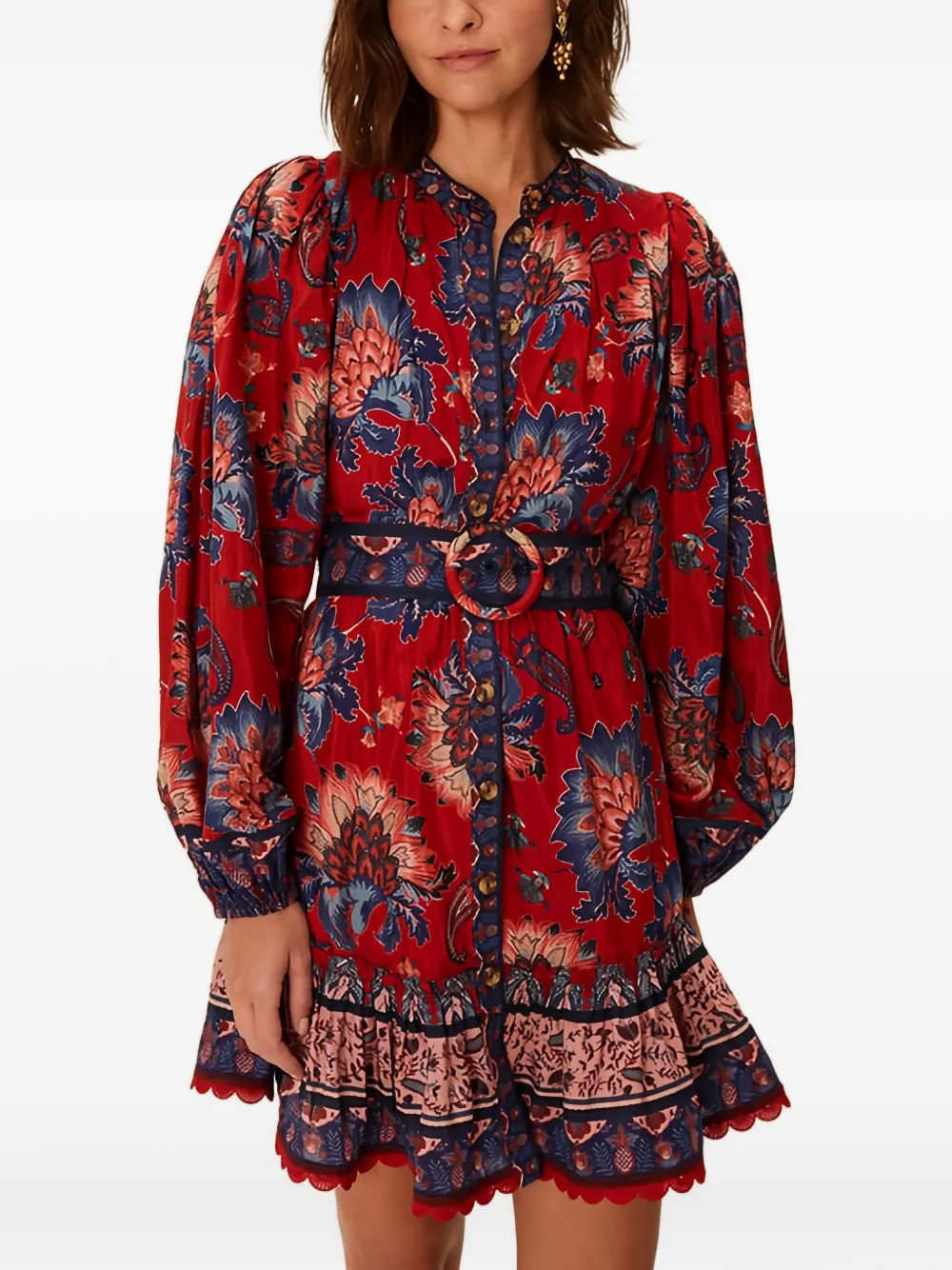 FARM Rio floral-pattern belted mini dress - Red | Farfetch Global