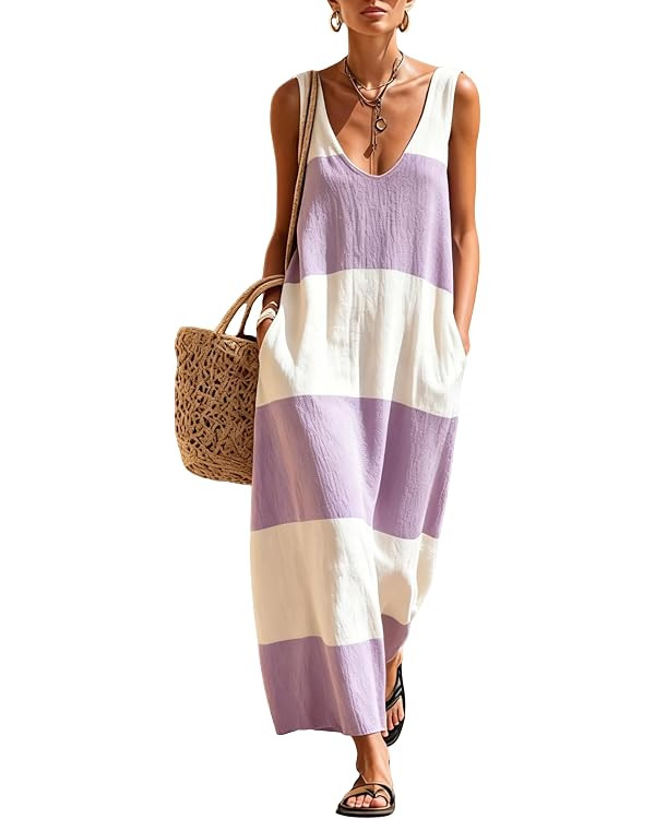 Women's Sleeveless Color Block Maxi Dress Loose Casual Sundress Summer Beach Vacation Flowy Long ... | Amazon (US)