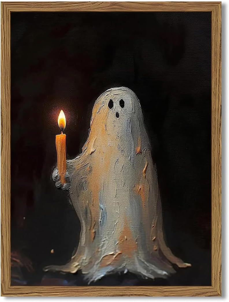 Framed Vintage Halloween Ghost Canvas Wall Art, Cute Ghost Holding Candle Pictures Wall Decor, Spooky Gothic Dark Academia Paintings Prints for Living Room Bedroom Bathroom 12x16 inch | Amazon (US)