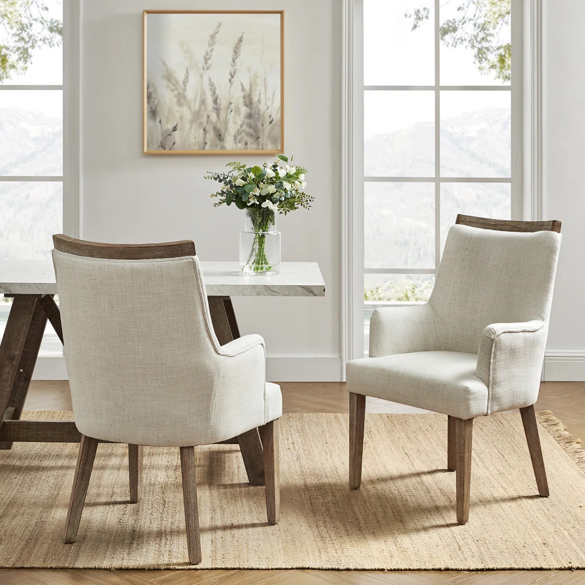 Sara Farmhouse 19"H Upholstered Back Arm Chair with Solid Wood Legs (Set of 2) | Wayfair North America