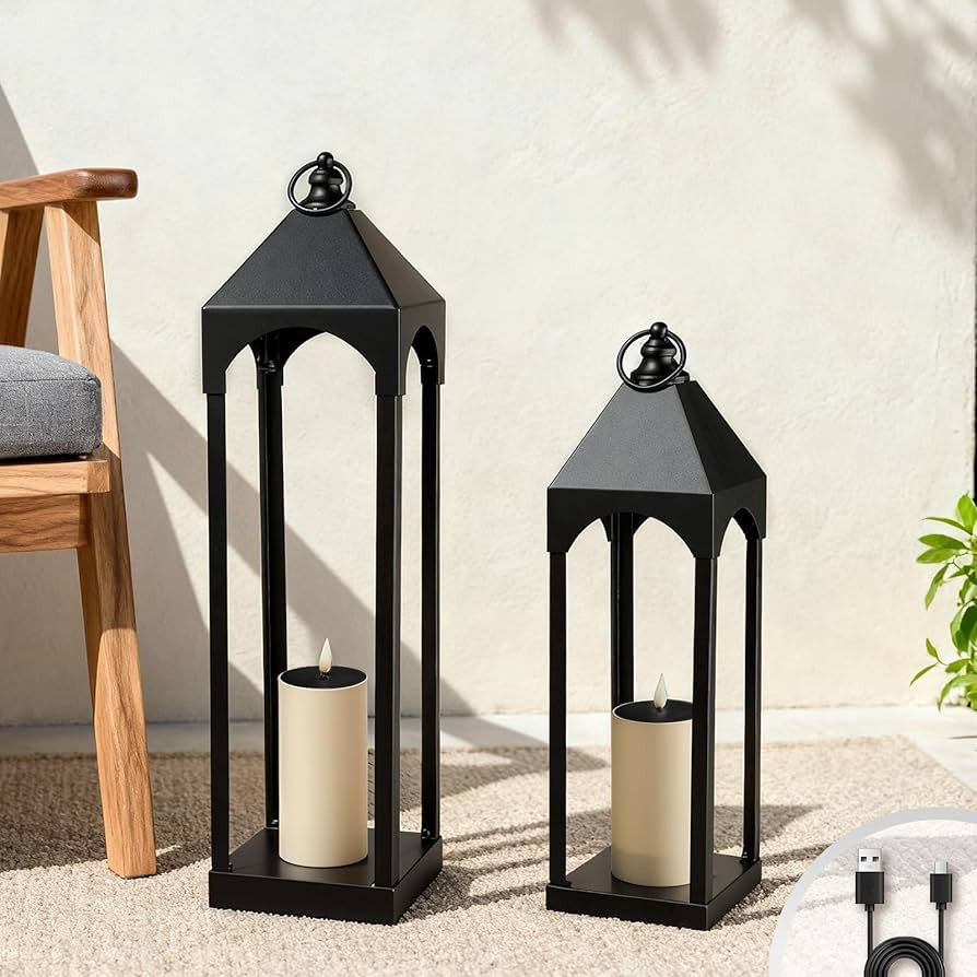 Large Solar Outdoor Lanterns, 24" & 18" Tall Black Metal Waterproof Decorative Candle Lantern for... | Amazon (US)