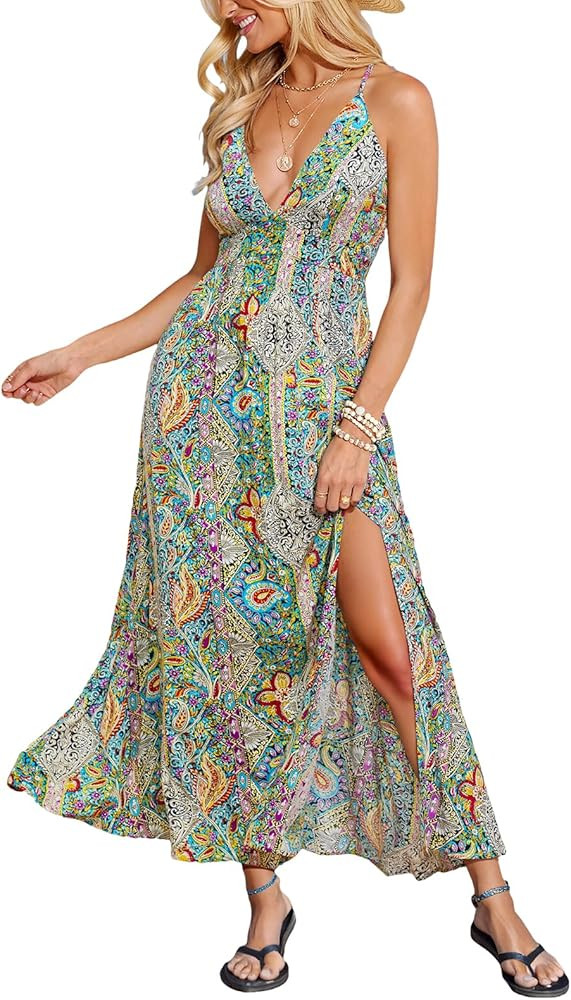 CUPSHE Womens Summer Maxi Dress 2026 Sleeveless Long Sundresses Spaghetti Strap Flowy Boho Beach ... | Amazon (US)