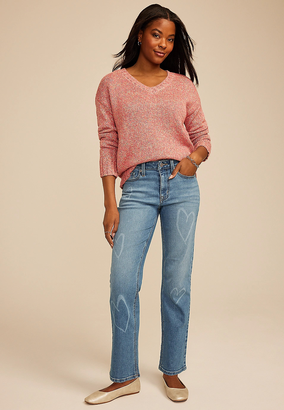 Heart Print High Rise Relaxed Straight Leg Jean | Maurices