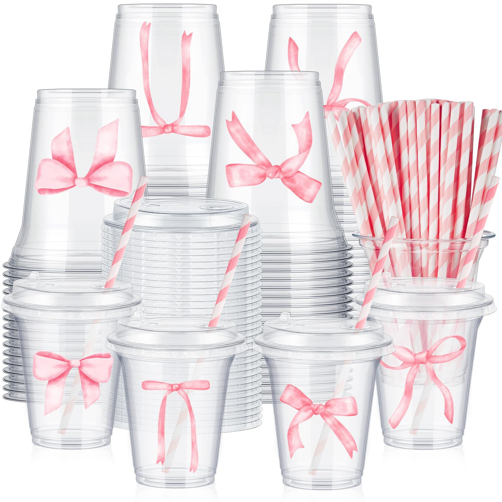 60 Set Plastic Cups watercolor Pink Bow Themed 14 oz Disposable Clear Cups with Lids and Paper St... | Amazon (US)