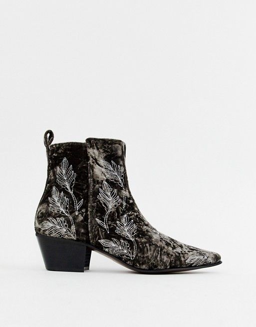 ASOS EDITION stacked heel boots in gray velvet with embroidery | ASOS US