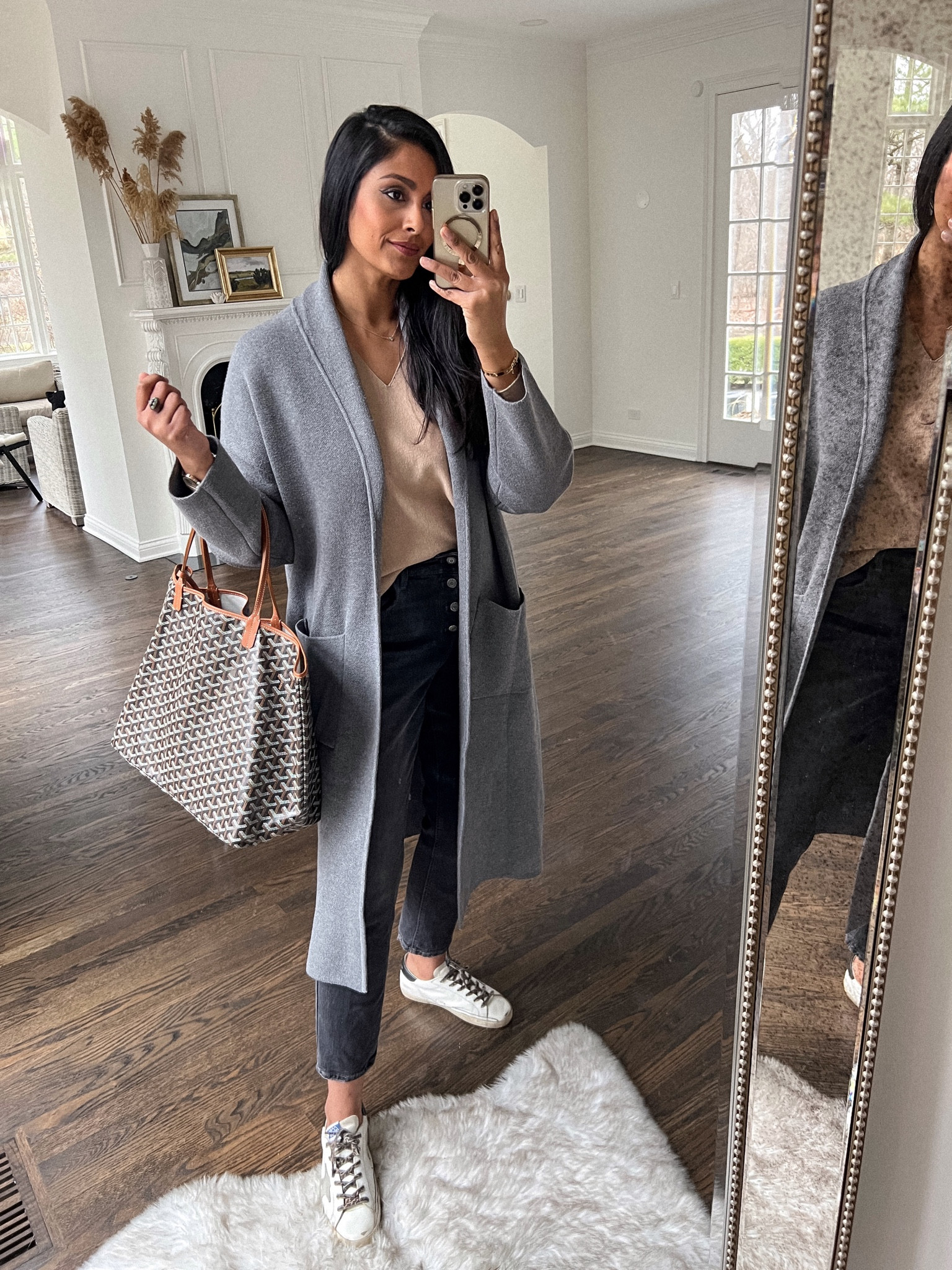 Mango Coatigan on sale for $80, sizes going fast.  on sale Mango Coatigan, straight leg jeans, mom jeans, golden goose sneakers, Goyard tote, winter outfit. 

#LTKunder100 #LTKstyletip #LTKsalealert