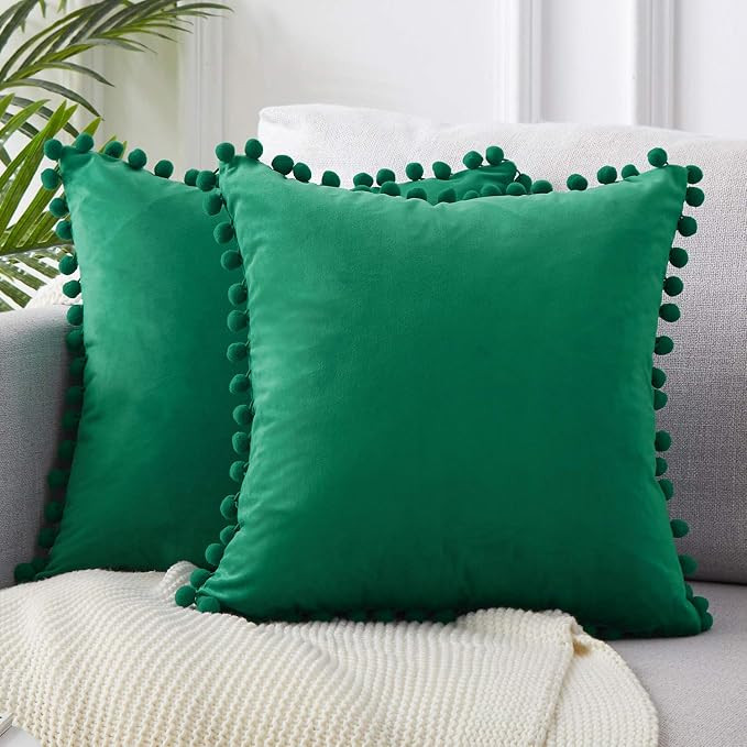 Top Finel Decorative Throw Pillow Covers with Pom Poms Soft Particles Velvet Solid Cushion Covers... | Amazon (US)