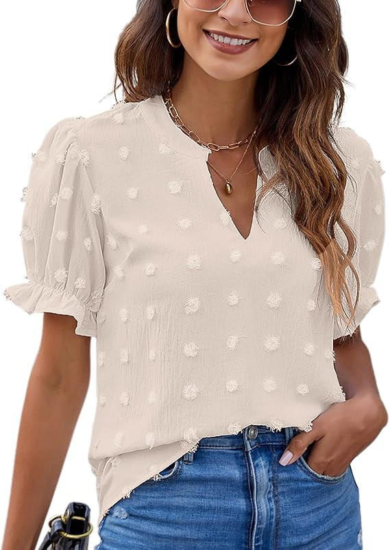 Blooming Jelly Women's Blouses Dressy Casual Puff Sleeve Work Tops Trendy Swiss Dot  V Neck Shirt... | Amazon (US)