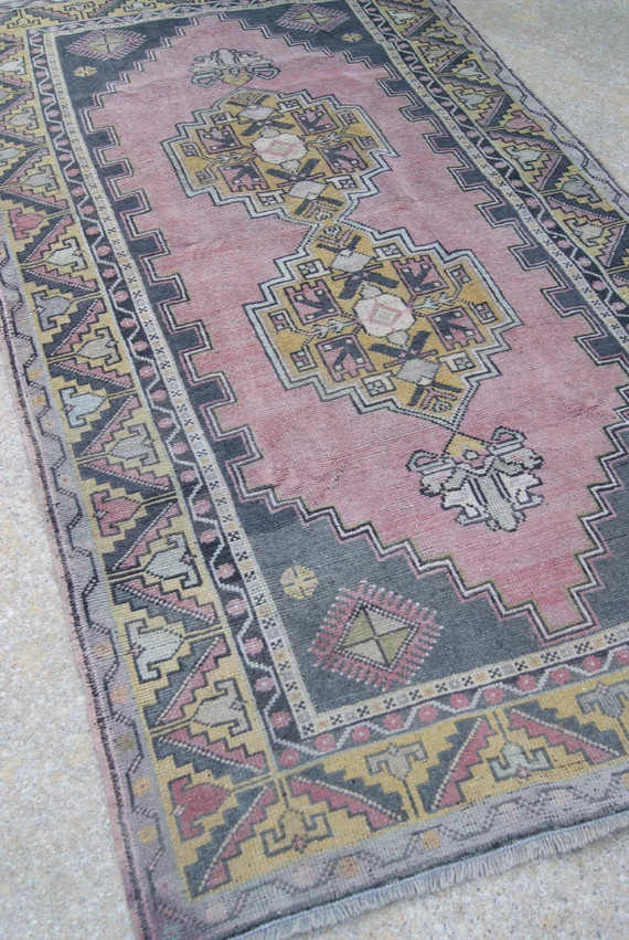 6'8"x3'8" Light Pink and Blue Faded Turkish Oushak Style Rug | Etsy (US)