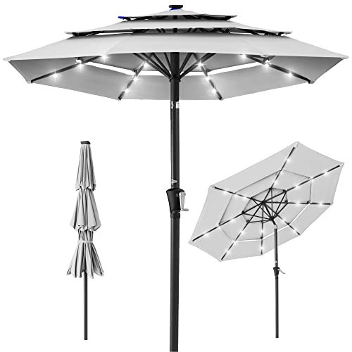 Best Choice Products 10ft 3-Tier Solar Patio Umbrella, Outdoor Market Sun Shade for Backyard, Deck, Poolside w/ 24 LED Lights, Tilt Adjustment, Easy Crank, 8 Ribs - Fog Gray | Amazon (US)