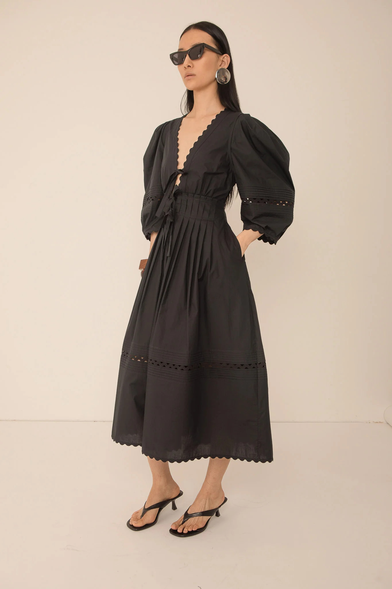 Midi V Neck Dress with Balloon Sleeves in Black | Vivere London
