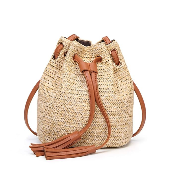 AMHDV Summer Straw Shoulder Handbag - 2019 Women's Small Tassel Bucket Straw Bag | Amazon (US)
