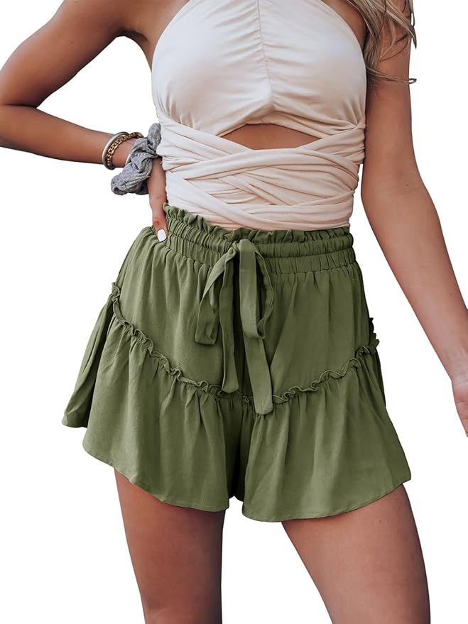 NIMIN High Waisted Shorts for Women Flowy Summer Shorts Drawstring Tiered Shorts with Pockets | Amazon (US)