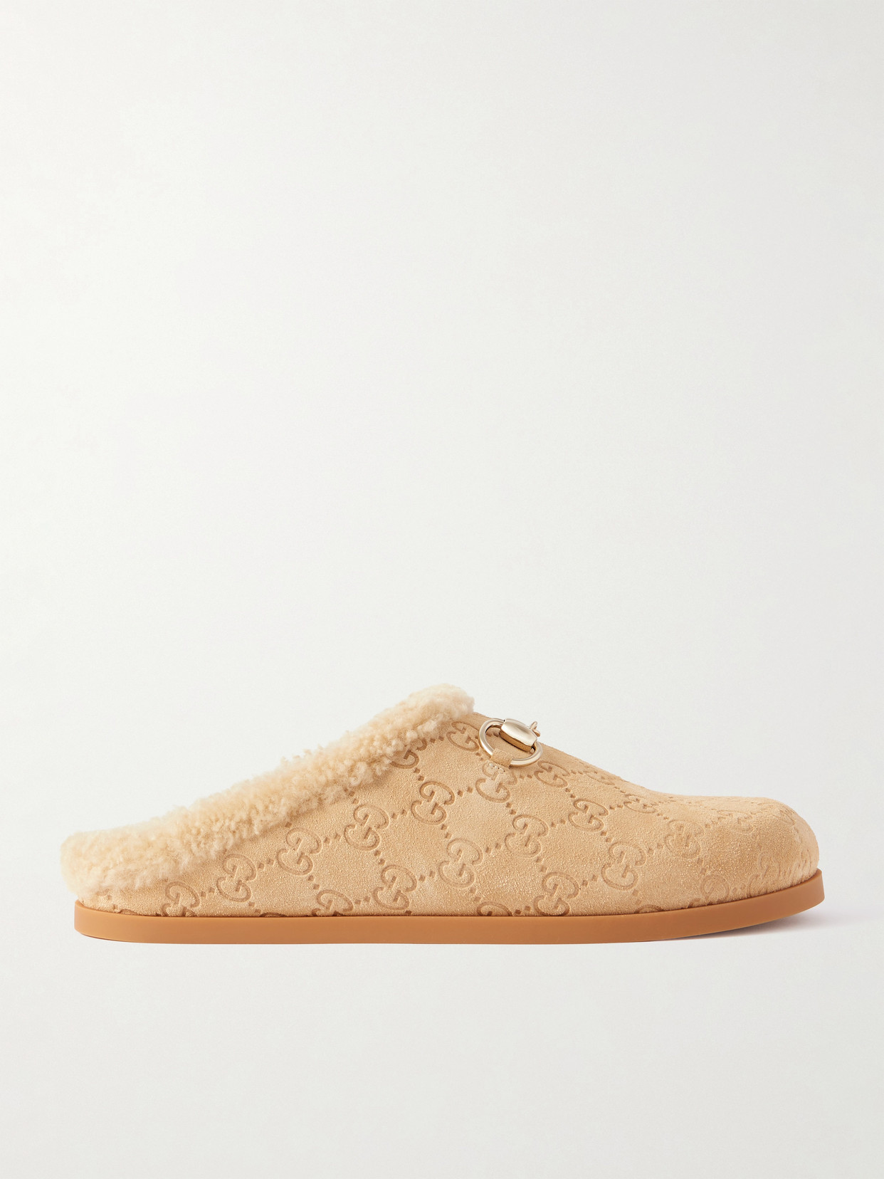 Gucci - Sol Horsebit-detailed Debossed Shearling Mules - Neutrals | NET-A-PORTER (US)