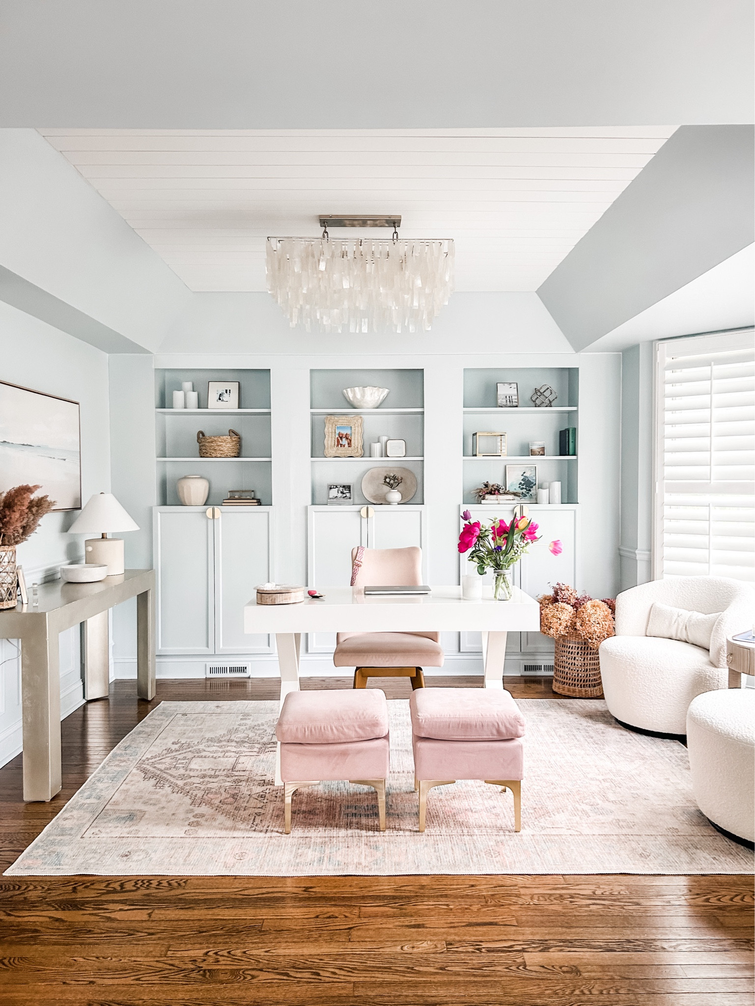 Love having flowers on my desk! 

Home office decor, white desk with drawer, x-leg desk, square velvet ottoman with gold metal legs, Clair shell chandelier, swivel chair, woven basket, blush dining chair, desk chair, gold cabinet hardware, half moon door pull, mini lamp, gold picture frame, Studio McGee table lamp, ceramic lamp, wall art, canvas wall art, artificial plant.

#westelm #wayfair #homedecor

Follow my shop @heatherkrout on the @shop.LTK app to shop this post and get my exclusive app-only content!

#liketkit #LTKstyletip #LTKFind #LTKhome
@shop.ltk
https://liketk.it/48N45