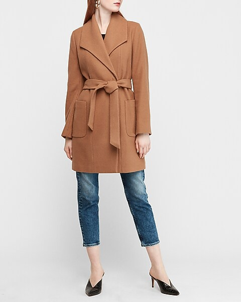 long belted wool-blend wrap front car coat | Express