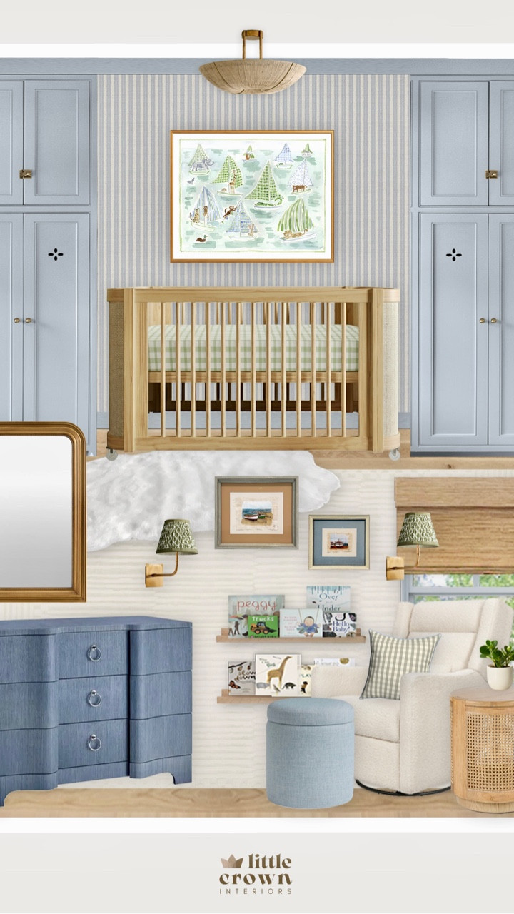 The first Virtual Design reveal of 2026 is here! This client wanted a sweet light blue and neutral nursery with wood tones and natural textures. The biggest challenge in this design was that the room didn't have a closet, so we had to get creative! ⁠
⁠
Design by @littlecrowninteriors

#LTKHome #LTKmomlife #LTKKids