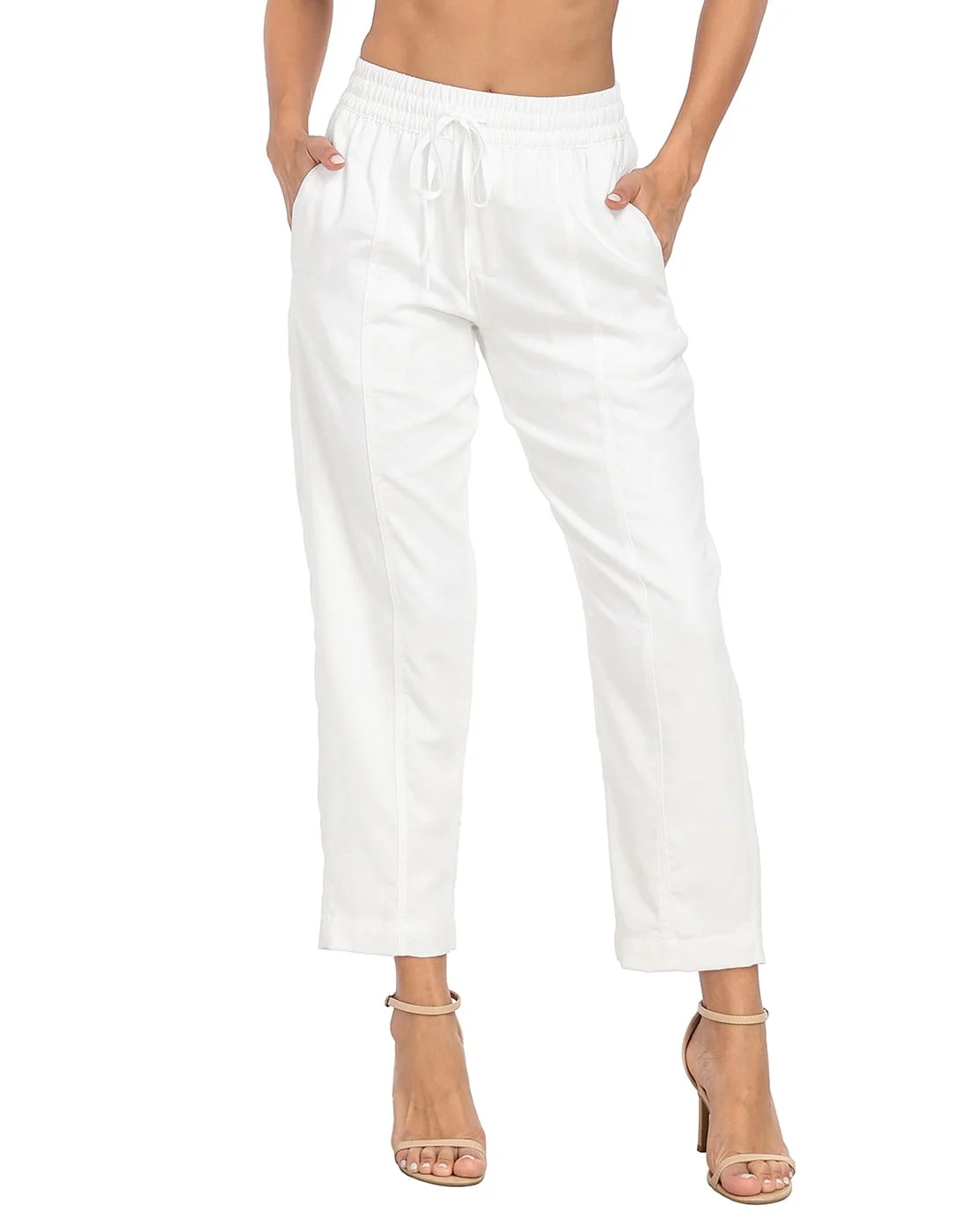 HDE Women's Linen Blend Pull On Drawstring Pants with Pockets White M | Walmart (US)