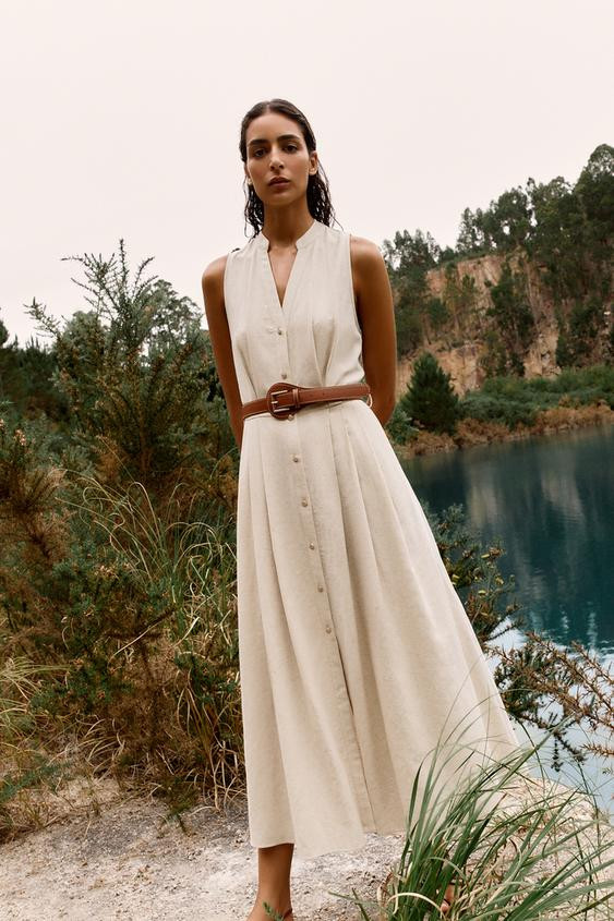 LINEN BLEND MIDI DRESS WITH BELT | Zara US