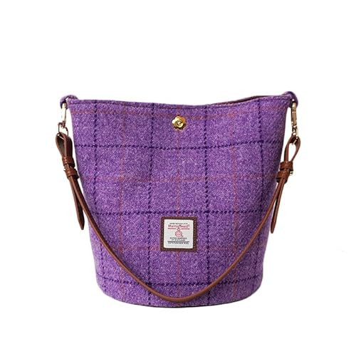 Harris Tweed Bucket Bag Shoulder Bag Handbag for Women with Leather Strap, 9.4 [measured with top closed] x 7 inch [Bottom], 8.2 inch [height], Handcrafted Product (Purple Pliad) | Amazon (US)