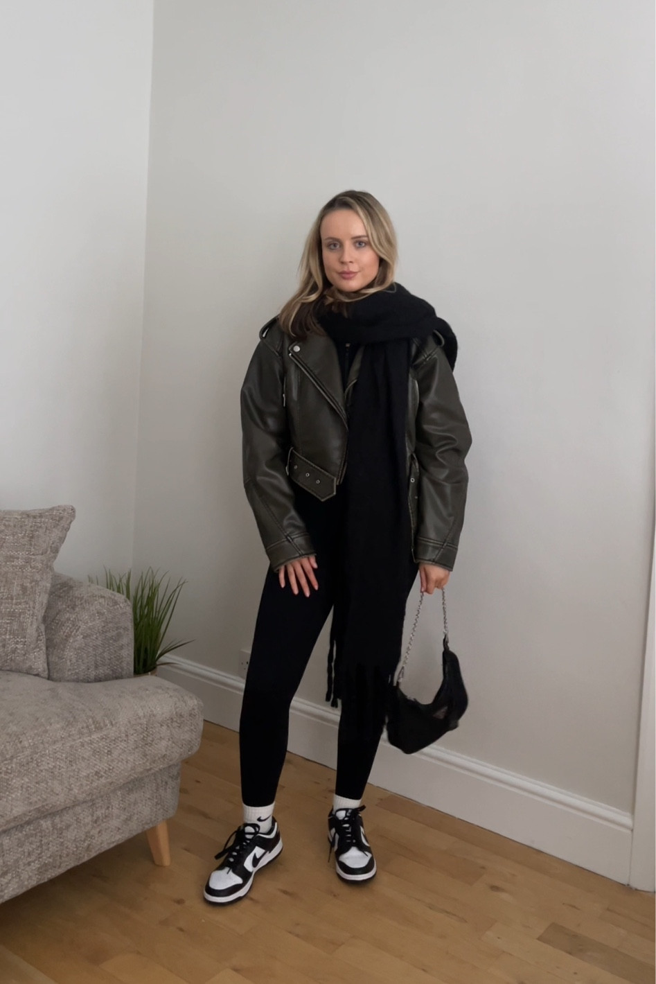 Casual outfit weekend outfit black jumpsuit plt jumpsuit plt style nike dunk Pandas black chunky scarf faux leather biker jacket 

#LTKfindsunder100 #LTKSeasonal #LTKeurope