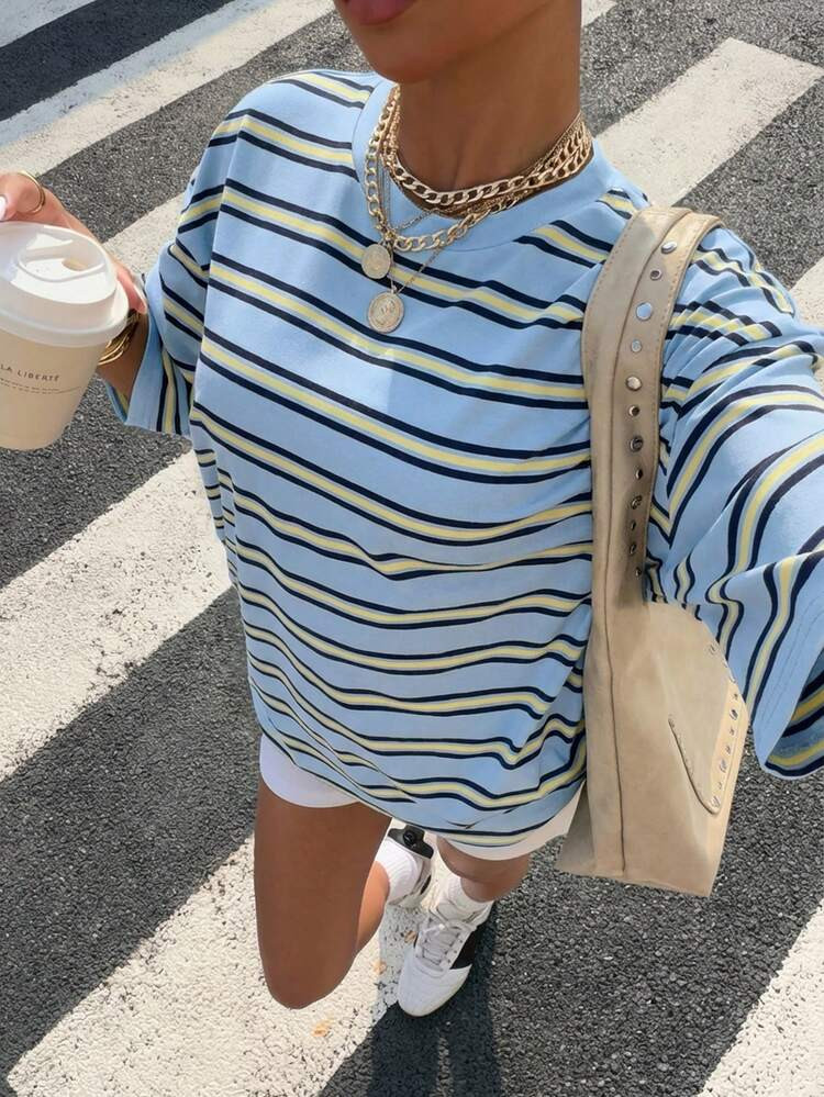 Muchica Plus Size Striped Print Round Neck Casual Summer Short Sleeve T-Shirt | SHEIN