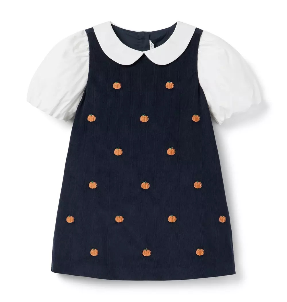 Janie and Jack | Embroidered Pumpkin Corduroy Dress - Navy / 8 | Janie and Jack
