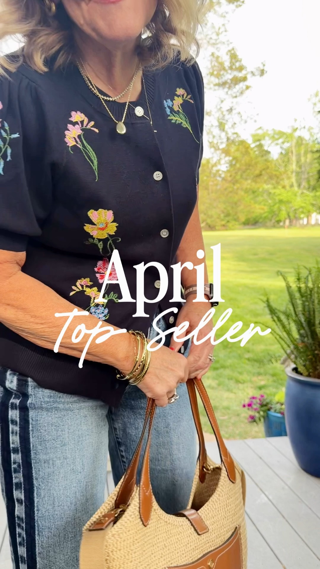 Walmart sweater is April’s  top seller! 
Wearing a medium 
Paired with the track stripe jeans I did size down to a 6 and I cuffed them with my microstitch tool. 
Bag 10% off with code NANETTE