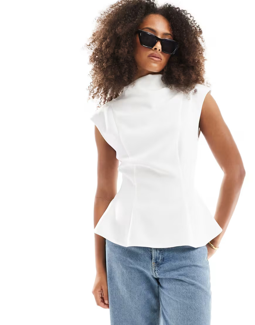 ASOS DESIGN waisted peplum short sleeve top in cream-White | ASOS (Global)