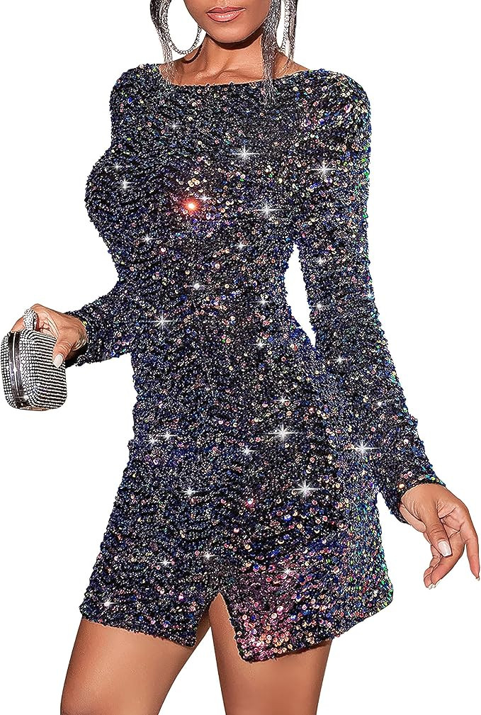 D&M Women's Sexy Long Sleeve Sequin Sparkly Glitter Party Dress Cocktail Glitter Bodycon Wedding ... | Amazon (US)