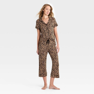 Women's Cloud Knit Short Sleeve Notch Collar Top and Cropped Pants Pajama Set - Auden™ Tan L | Target