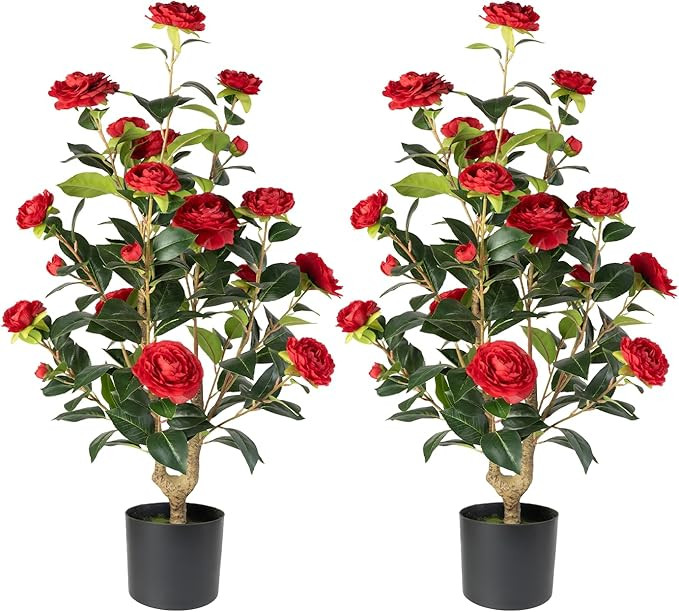 Artificial Camellia Tree 2 Pack - Realistic Camellia Plants in Pot with Red Flowers, Lifelike Fau... | Amazon (US)