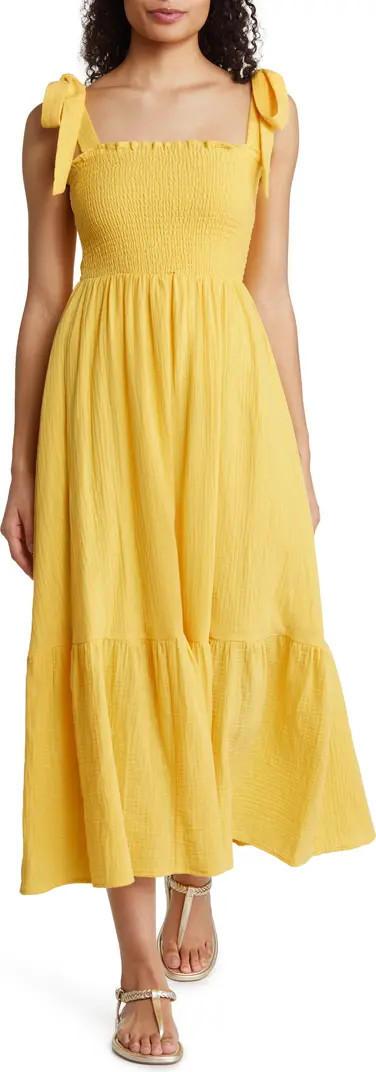 Smocked Tie Strap Cotton Gauze Midi Sundress | Nordstrom