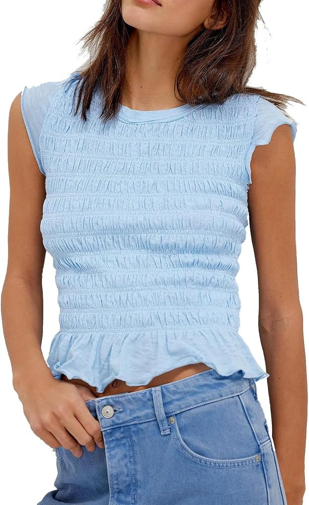 Womens Summer Top Cap Sleeve Smocked Shirts Ruffle Hem Going Out Tops Shirred Tank Crop Tee Y2K O... | Amazon (US)