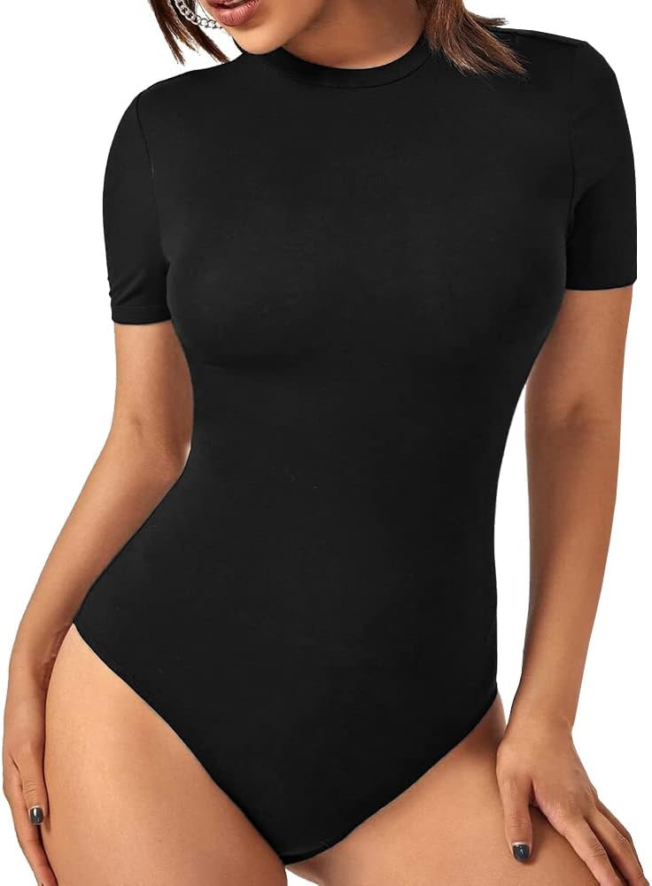 LINMON Women's Short Sleeve Bodysuits Basic T Shirts Round Neck Stretchy Jumpsuit Tops | Amazon (US)