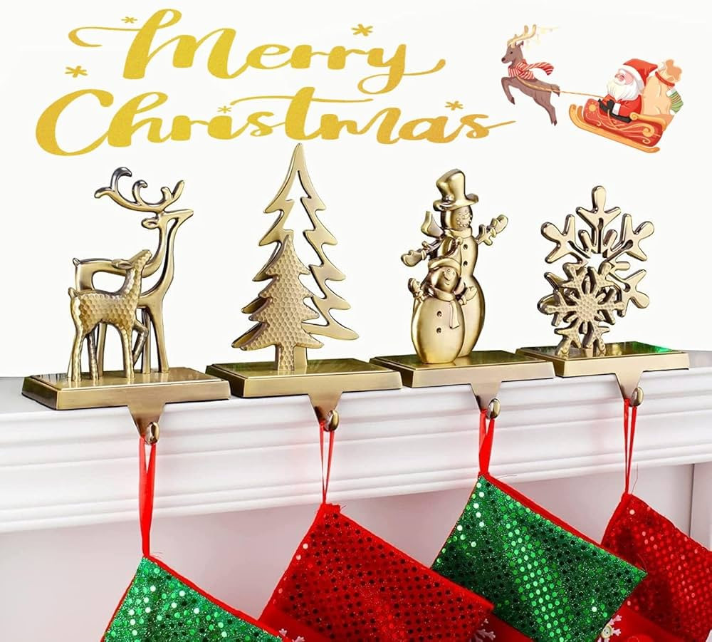 Christmas Stocking Holders for Mantel, Set of 4 Holiday Stocking Hangers, Snowflake Snowman Reind... | Amazon (US)